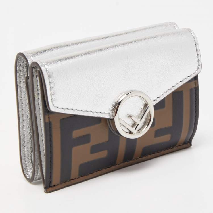 Pre Owned Fendi Silver/Tobacco Zucca Leather Micro F Trifold Wallet