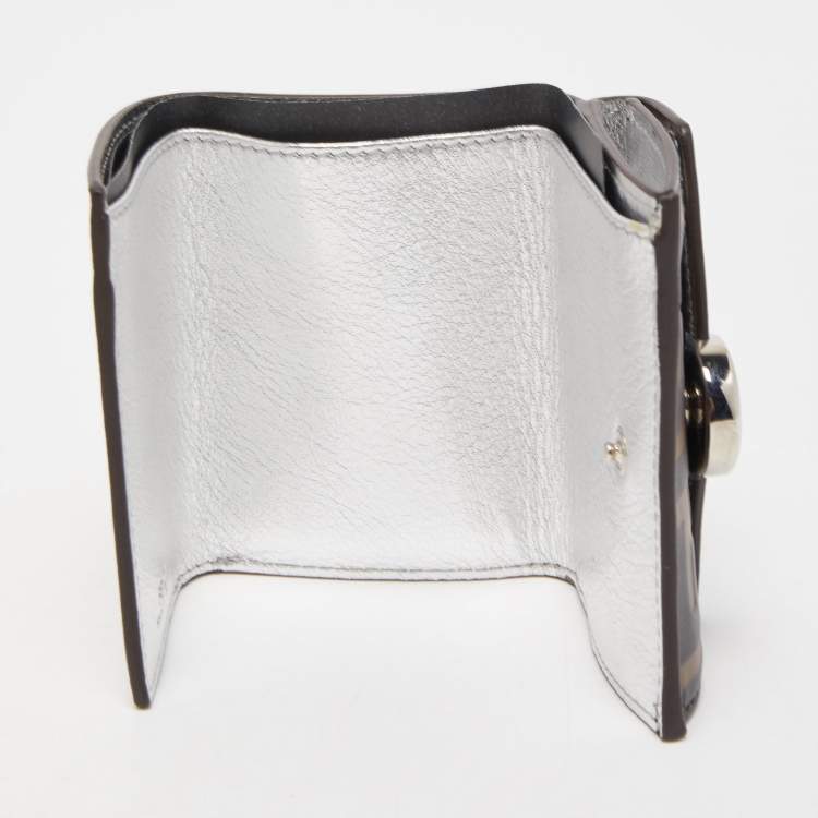 Pre Owned Fendi Silver/Tobacco Zucca Leather Micro F Trifold Wallet
