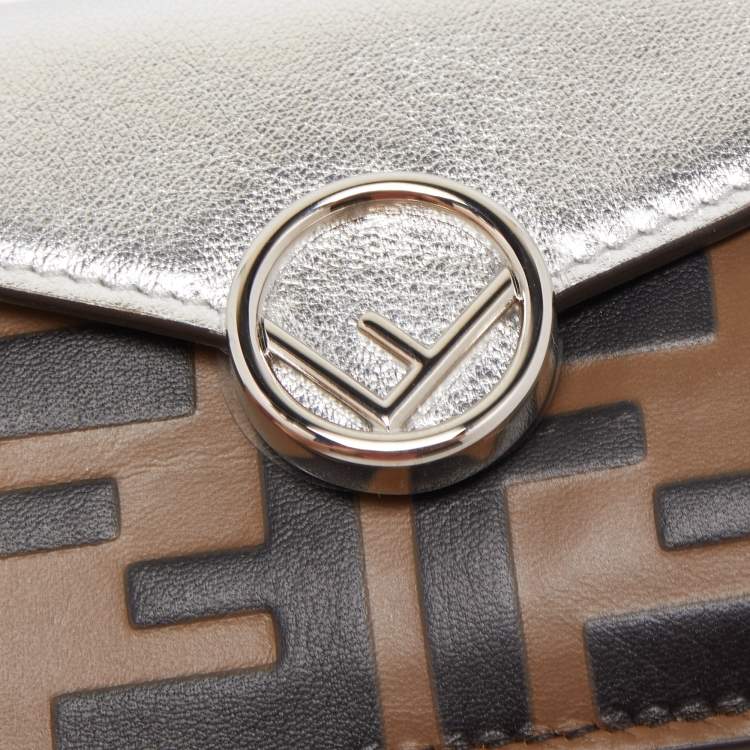 Pre Owned Fendi Silver/Tobacco Zucca Leather Micro F Trifold Wallet