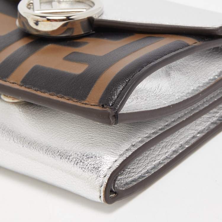 Pre Owned Fendi Silver/Tobacco Zucca Leather Micro F Trifold Wallet