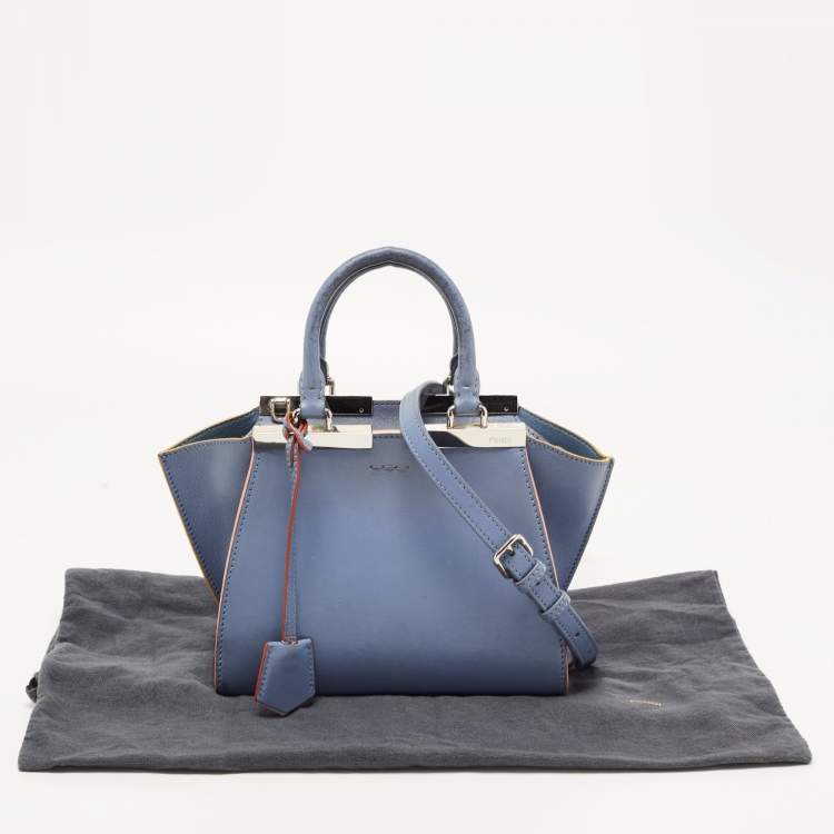 Pre Owned Fendi Deep Sky Blue Leather Multicolor Trims Mini 3Jours Tote