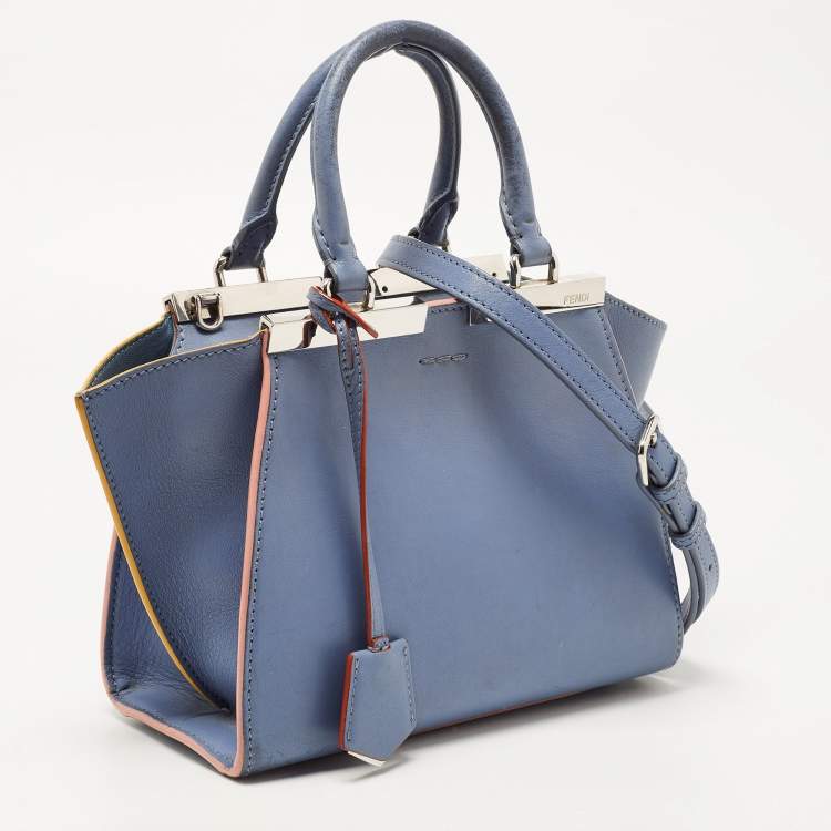 Pre Owned Fendi Deep Sky Blue Leather Multicolor Trims Mini 3Jours Tote