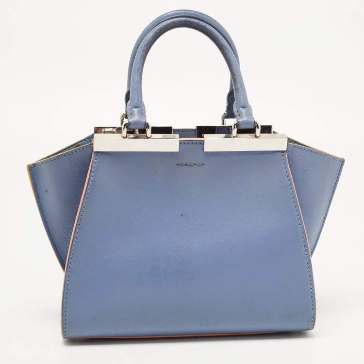 Pre Owned Fendi Deep Sky Blue Leather Multicolor Trims Mini 3Jours Tote