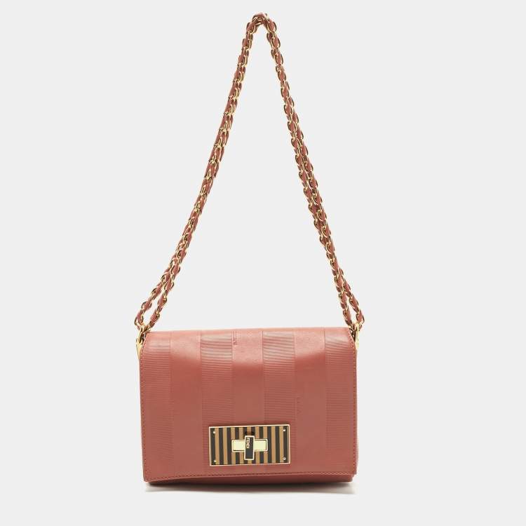 Pre Owned Fendi Old Rose Pequin Embossed Leather Small Claudia Flap Bag