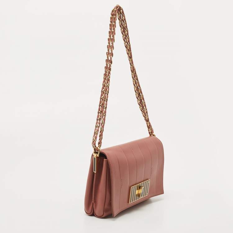 Pre Owned Fendi Old Rose Pequin Embossed Leather Small Claudia Flap Bag