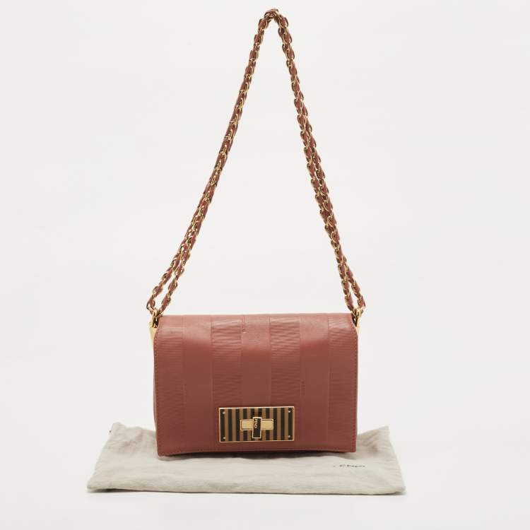 Pre Owned Fendi Old Rose Pequin Embossed Leather Small Claudia Flap Bag
