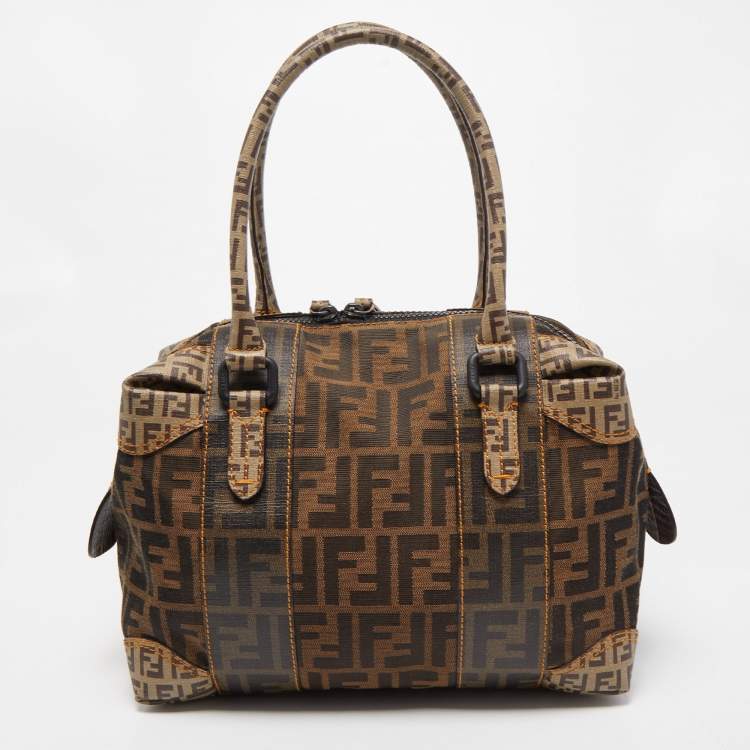 Pre Owned Fendi Brown Zucca Canvas and Coated Canvas Boston Bag
