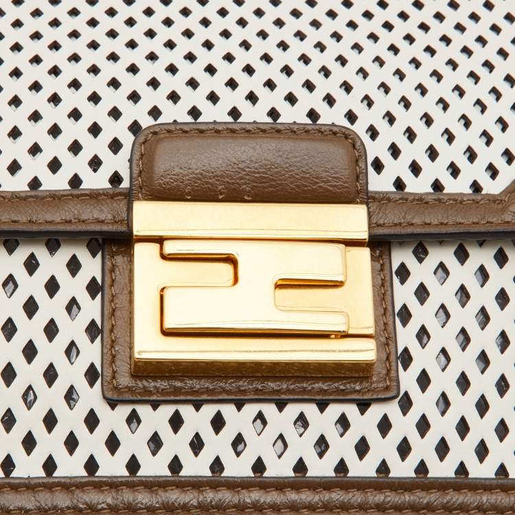 Pre Owned Fendi White/Olive Green Perforeted Leather Small Kan U Shoulder Bag