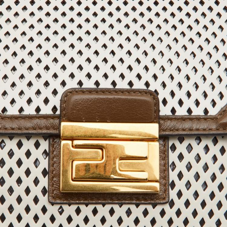 Pre Owned Fendi White/Olive Green Perforeted Leather Small Kan U Shoulder Bag