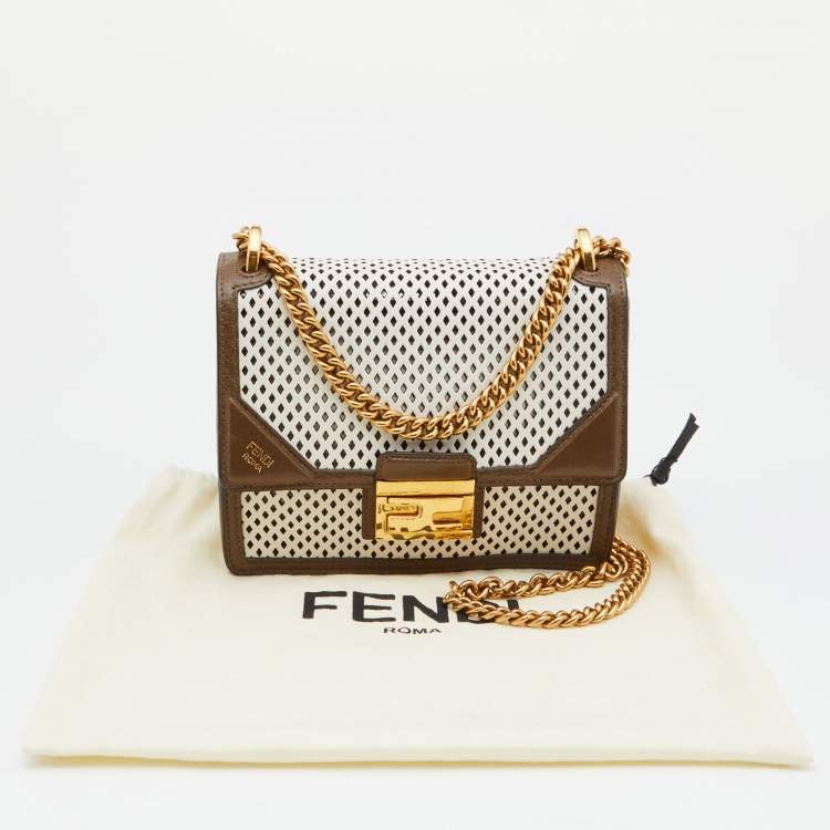 Pre Owned Fendi White/Olive Green Perforeted Leather Small Kan U Shoulder Bag