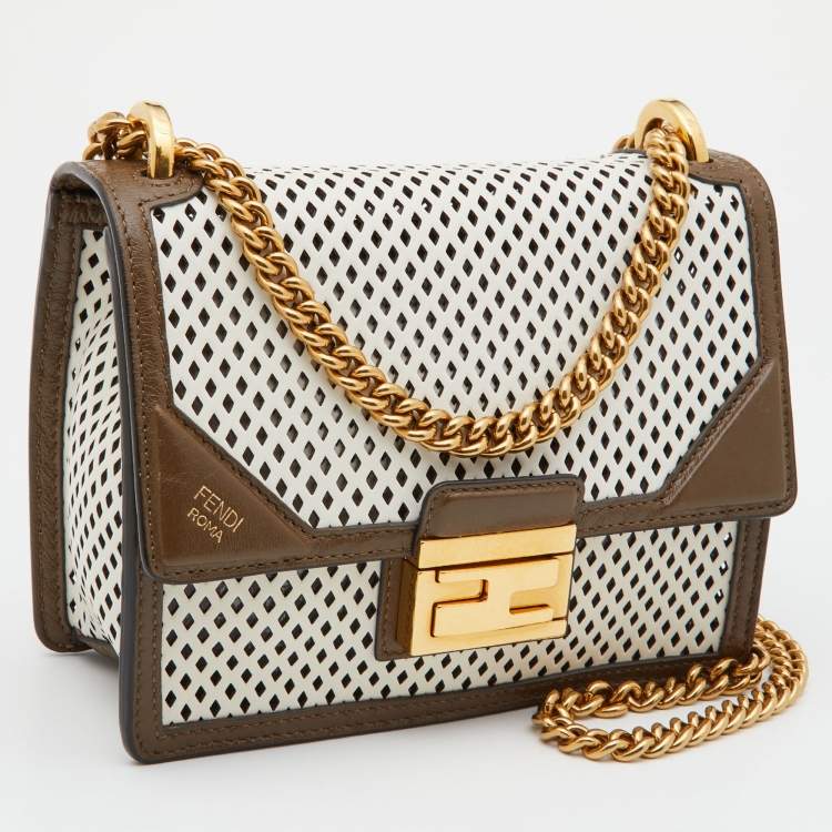 Pre Owned Fendi White/Olive Green Perforeted Leather Small Kan U Shoulder Bag