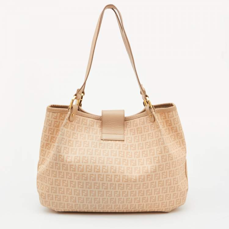 Pre Owned Fendi Beige Zucchino Coated Canvas and Leather Chiusura Hobo