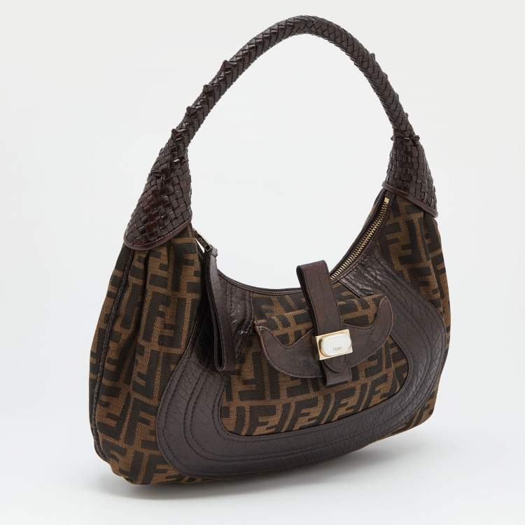 Pre Owned Fendi Brown Zucca Canvas and Leather Spy Hobo Bag