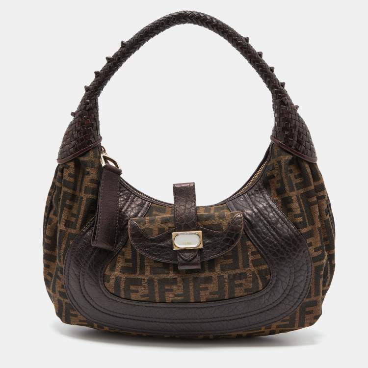 Pre Owned Fendi Brown Zucca Canvas and Leather Spy Hobo Bag