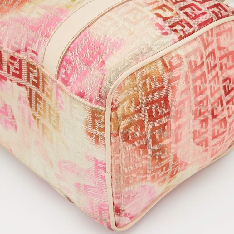 Pre Owned Fendi Beige/Red Printed Zucchino Fabric and Leather Small Forever Bauletto Bag