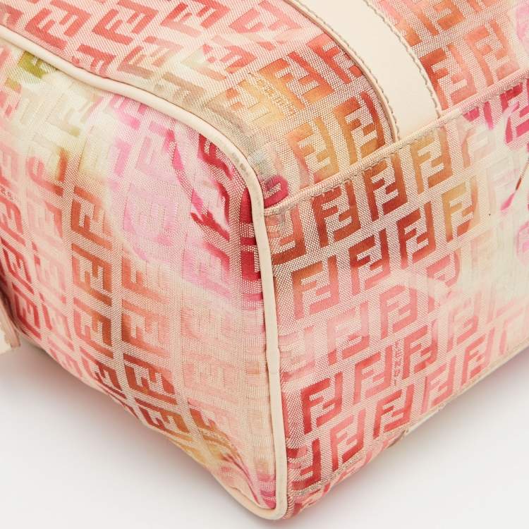 Pre Owned Fendi Beige/Red Printed Zucchino Fabric and Leather Small Forever Bauletto Bag