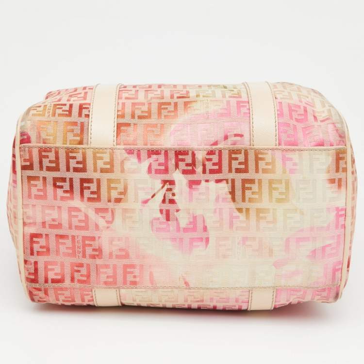 Pre Owned Fendi Beige/Red Printed Zucchino Fabric and Leather Small Forever Bauletto Bag