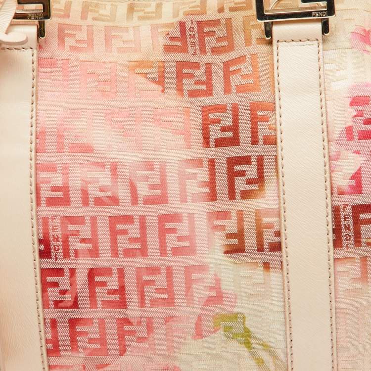 Pre Owned Fendi Beige/Red Printed Zucchino Fabric and Leather Small Forever Bauletto Bag