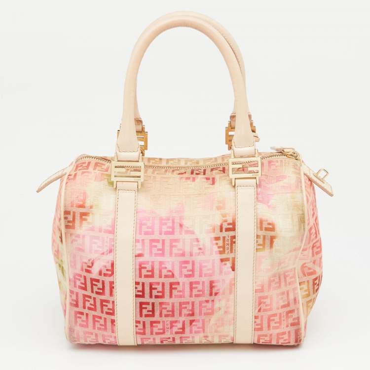 Pre Owned Fendi Beige/Red Printed Zucchino Fabric and Leather Small Forever Bauletto Bag