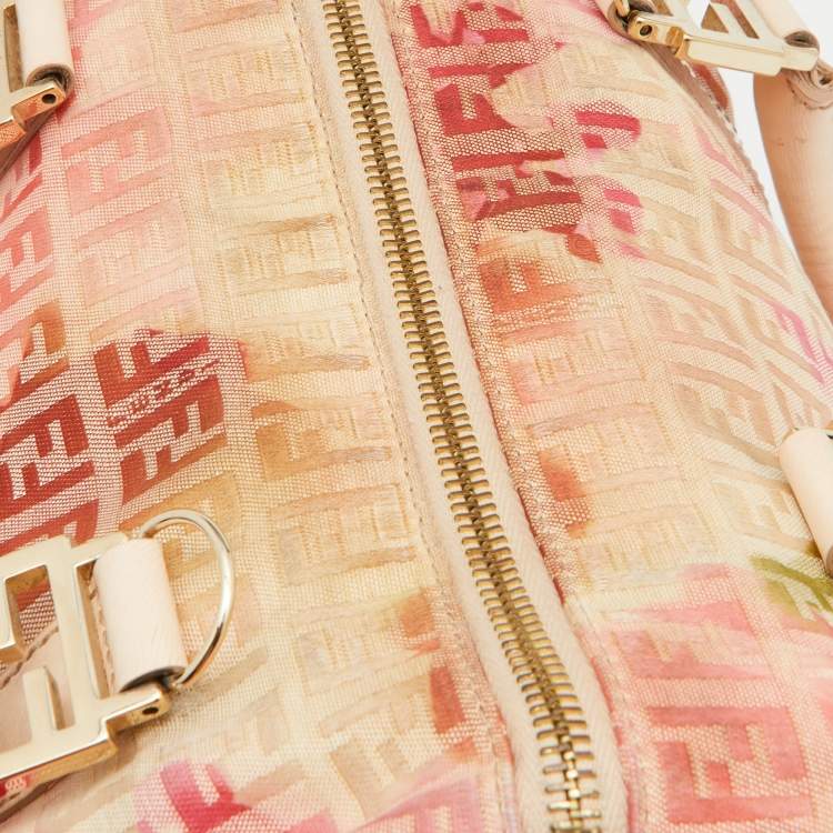 Pre Owned Fendi Beige/Red Printed Zucchino Fabric and Leather Small Forever Bauletto Bag