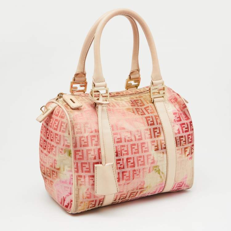 Pre Owned Fendi Beige/Red Printed Zucchino Fabric and Leather Small Forever Bauletto Bag