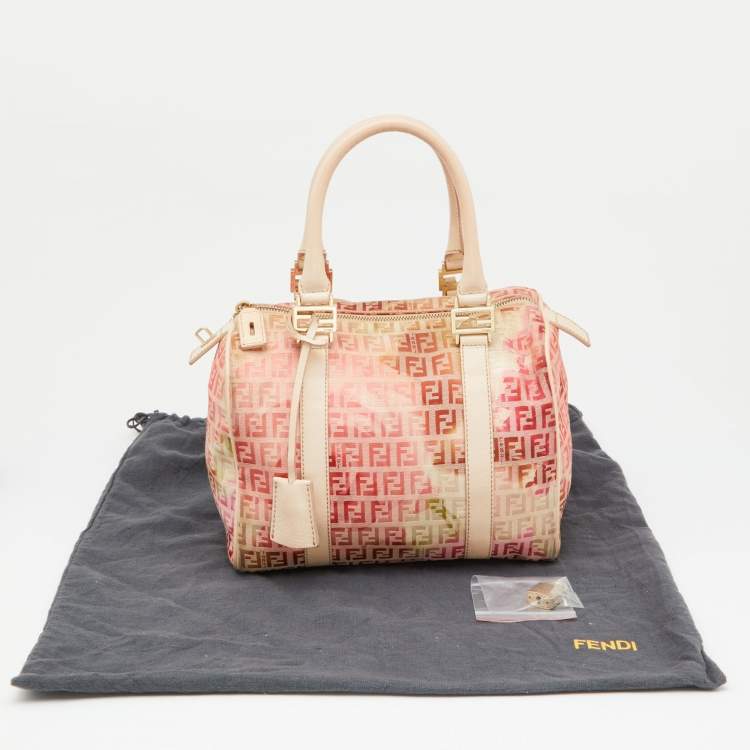Pre Owned Fendi Beige/Red Printed Zucchino Fabric and Leather Small Forever Bauletto Bag