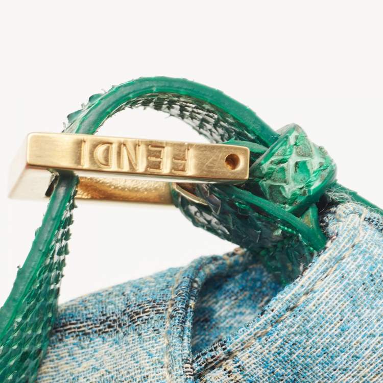 Pre Owned Fendi Green/Blue Denim Print Fabric and Snake Leather Baguette Bag