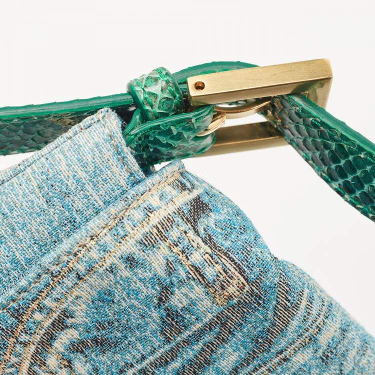Pre Owned Fendi Green/Blue Denim Print Fabric and Snake Leather Baguette Bag