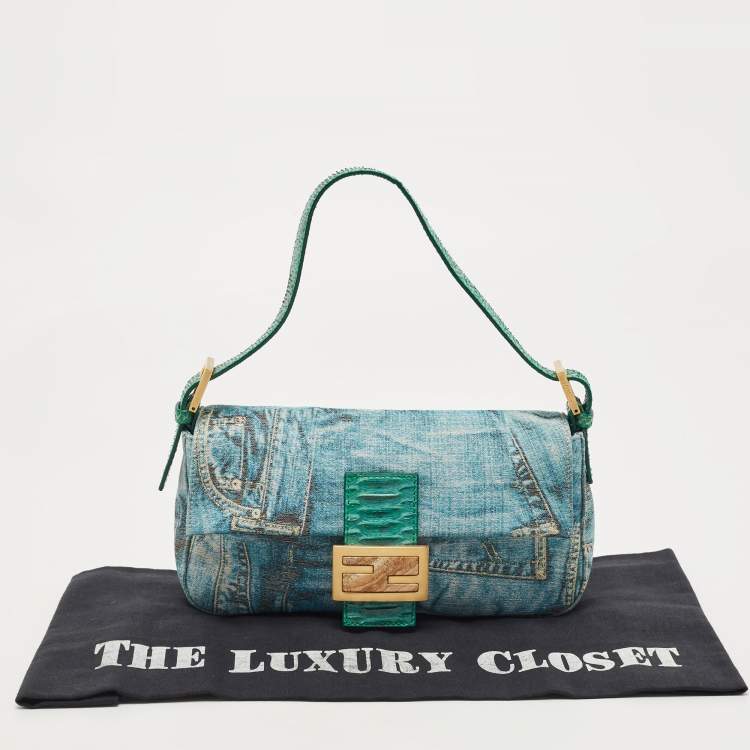 Pre Owned Fendi Green/Blue Denim Print Fabric and Snake Leather Baguette Bag
