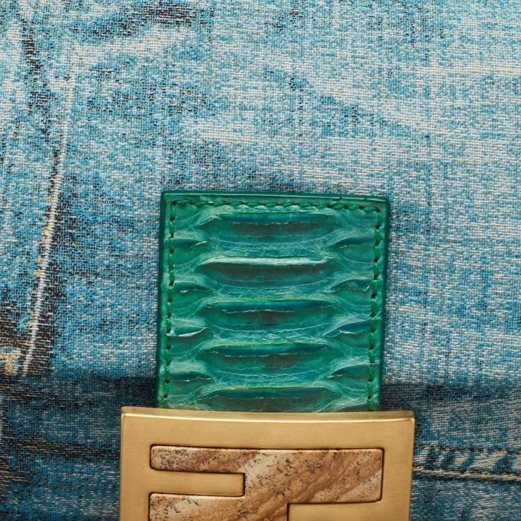 Pre Owned Fendi Green/Blue Denim Print Fabric and Snake Leather Baguette Bag
