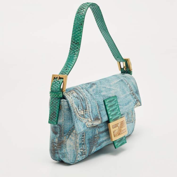 Pre Owned Fendi Green/Blue Denim Print Fabric and Snake Leather Baguette Bag