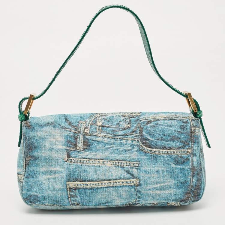 Pre Owned Fendi Green/Blue Denim Print Fabric and Snake Leather Baguette Bag