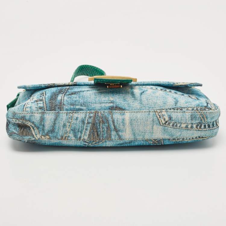 Pre Owned Fendi Green/Blue Denim Print Fabric and Snake Leather Baguette Bag