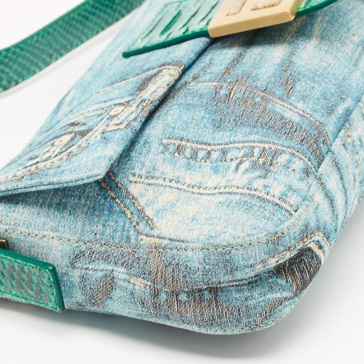 Pre Owned Fendi Green/Blue Denim Print Fabric and Snake Leather Baguette Bag
