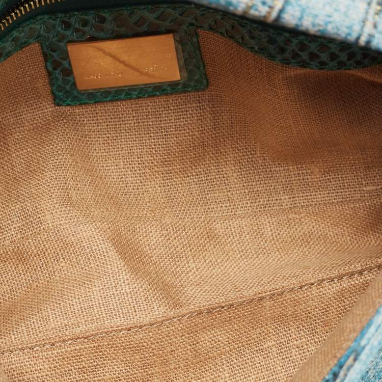 Pre Owned Fendi Green/Blue Denim Print Fabric and Snake Leather Baguette Bag