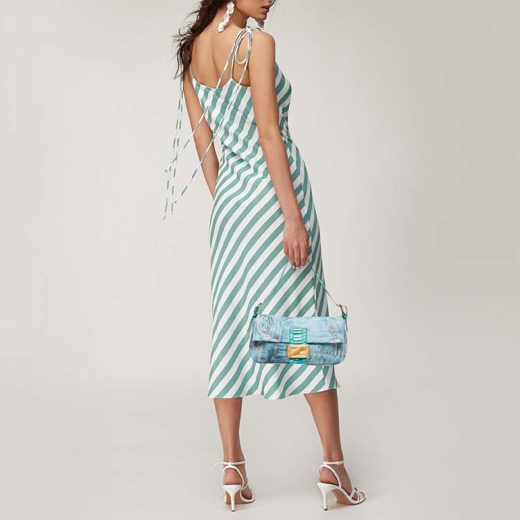 Pre Owned Fendi Green/Blue Denim Print Fabric and Snake Leather Baguette Bag
