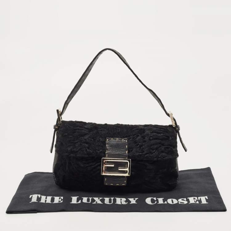 Pre Owned Fendi Black Selleria Leather and Astrakhan Fur Baguette Bag