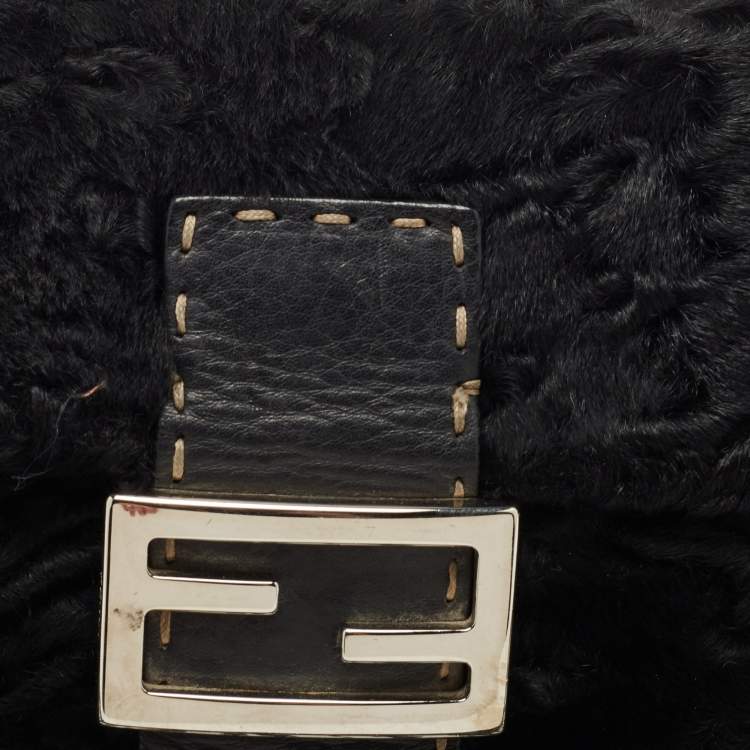 Pre Owned Fendi Black Selleria Leather and Astrakhan Fur Baguette Bag