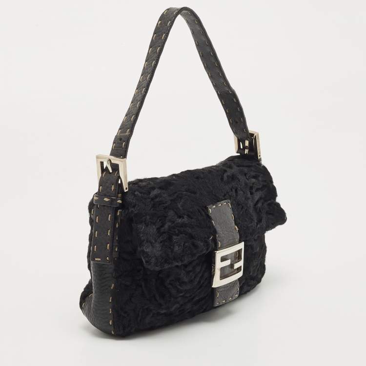 Pre Owned Fendi Black Selleria Leather and Astrakhan Fur Baguette Bag