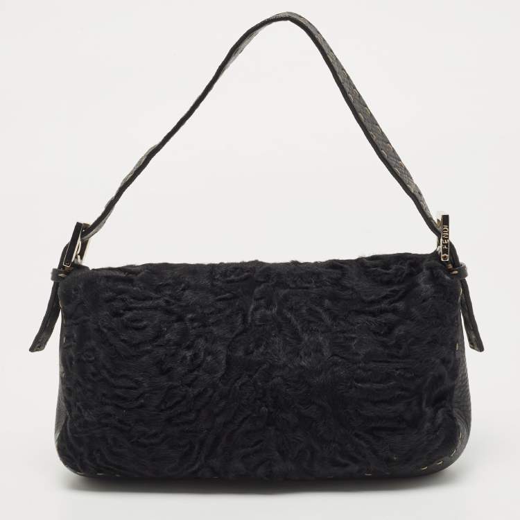 Pre Owned Fendi Black Selleria Leather and Astrakhan Fur Baguette Bag