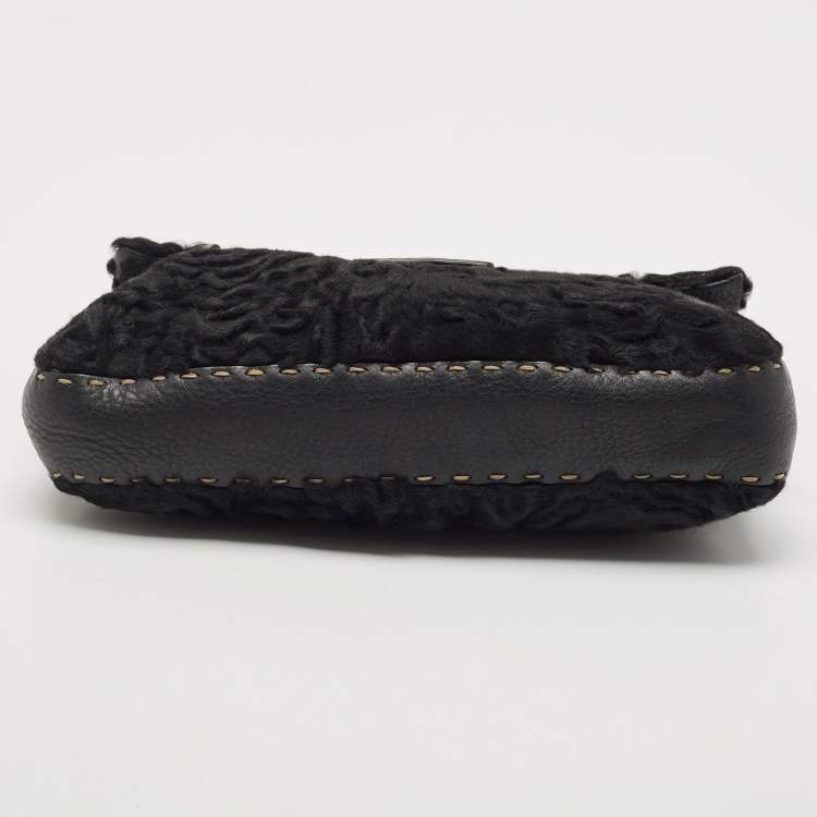 Pre Owned Fendi Black Selleria Leather and Astrakhan Fur Baguette Bag