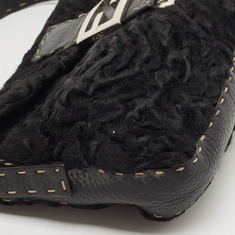 Pre Owned Fendi Black Selleria Leather and Astrakhan Fur Baguette Bag