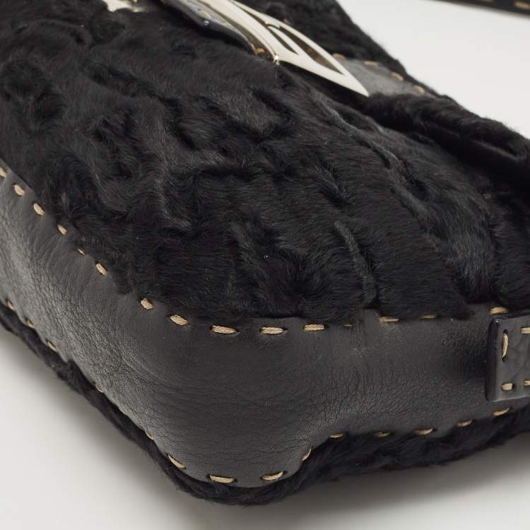 Pre Owned Fendi Black Selleria Leather and Astrakhan Fur Baguette Bag