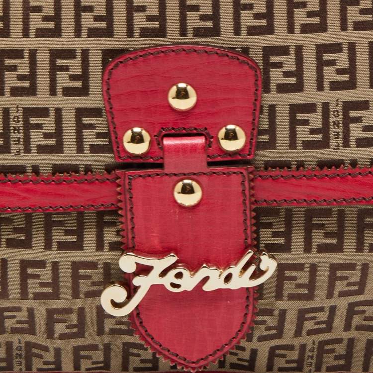 Pre Owned Fendi Magenta/Beige Zucchino Canvas and Leather Flap Shoulder Bag