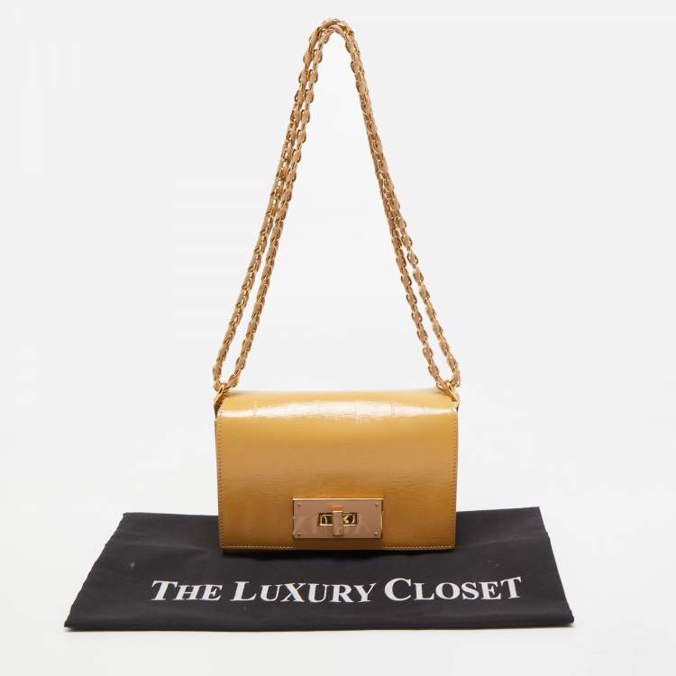 Pre Owned Fendi Yellow Pequin Patent Leather Claudia Shoulder Bag