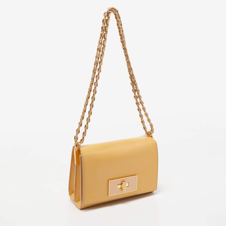 Pre Owned Fendi Yellow Pequin Patent Leather Claudia Shoulder Bag
