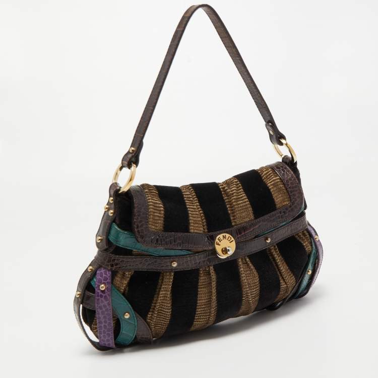 Pre Owned Fendi Multicolor Fabric and Alligator Chef Hobo