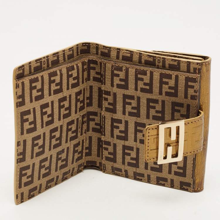 Pre Owned Fendi Gold Zucchino Laminated Leather FF French Wallet