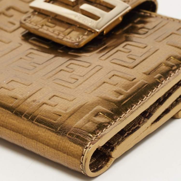 Pre Owned Fendi Gold Zucchino Laminated Leather FF French Wallet