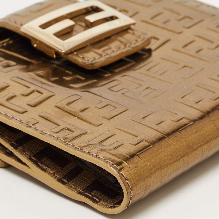Pre Owned Fendi Gold Zucchino Laminated Leather FF French Wallet